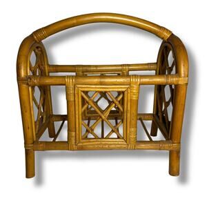 Mid Century Rattan Bamboo Magazine Rack Vintage Blonde Retro Tiki Vinyl LPs Boho
